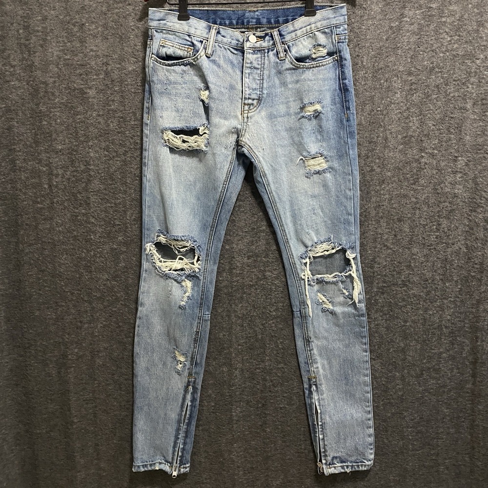 MNML Jeans Men 30 Blue Distressed Skinny Ankle Zip Ripped Denim Streetwear Biker